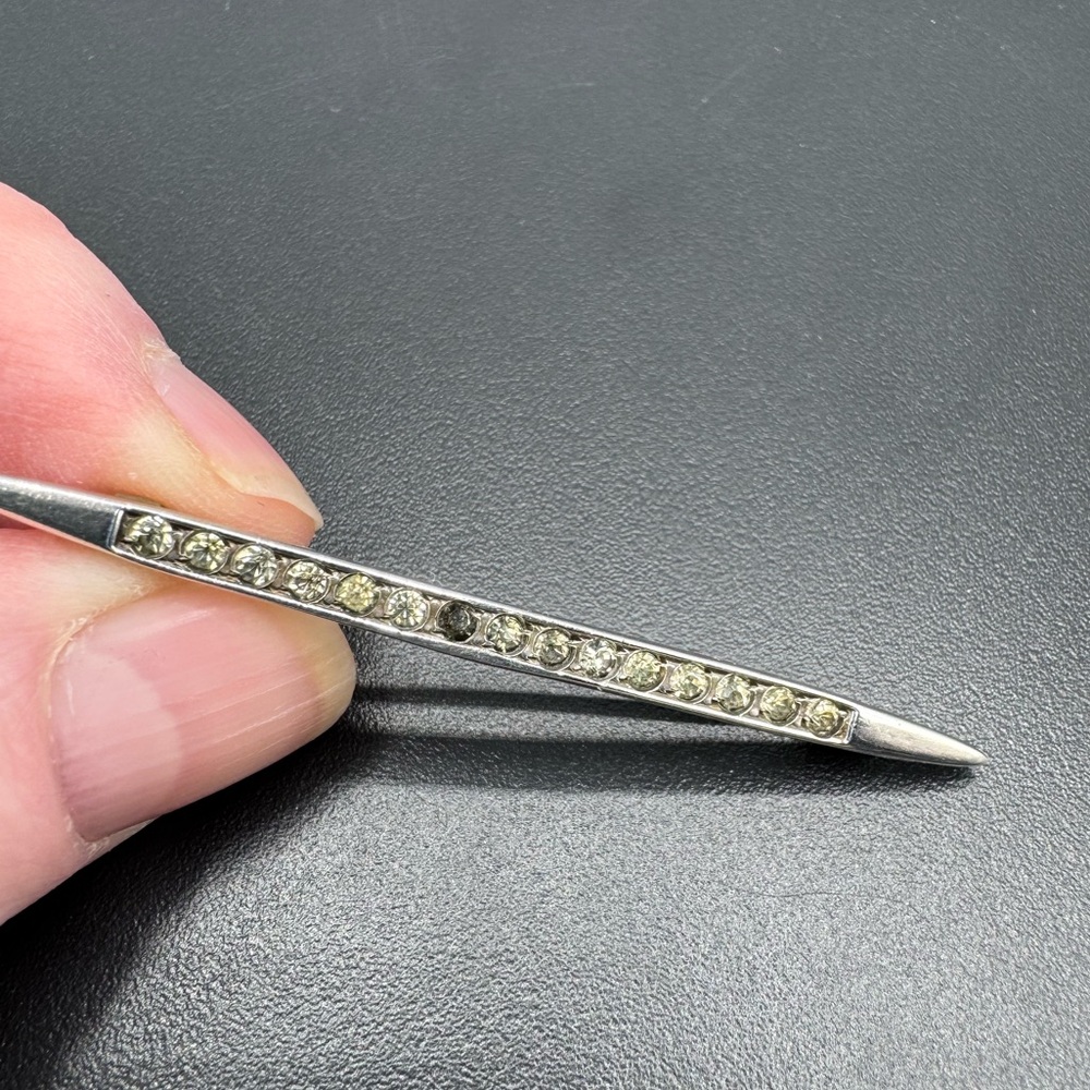 Vintage Art Deco Sterling Silver Bar Pin Brooch with Clear Rhinestones Crystal